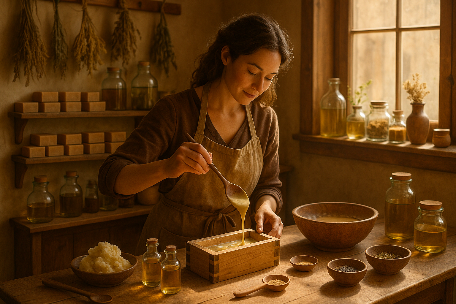 mujer artesana en su taller con colores calidos y ambiente natural pero usando herramientas para hacer jabones y productos naturales